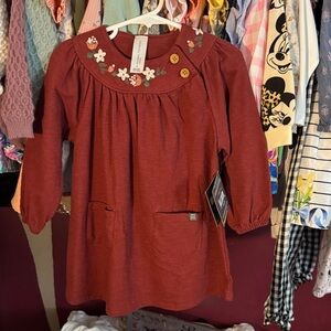 Gerber Red Casual Kids Dress with Floral Embroidery